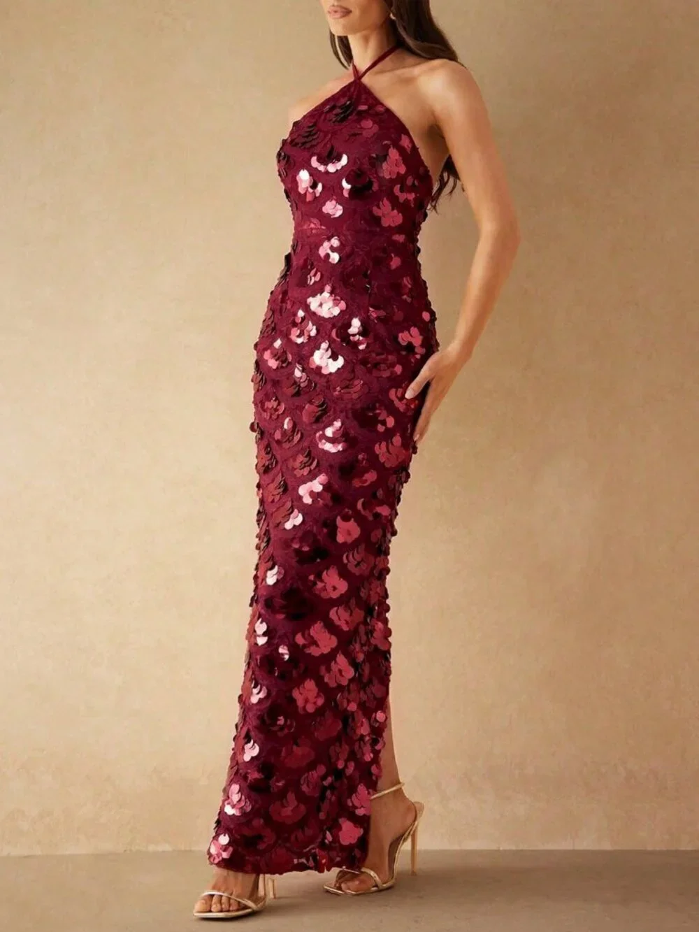 Burgundy Party Women's Sequin Design Halter Dress